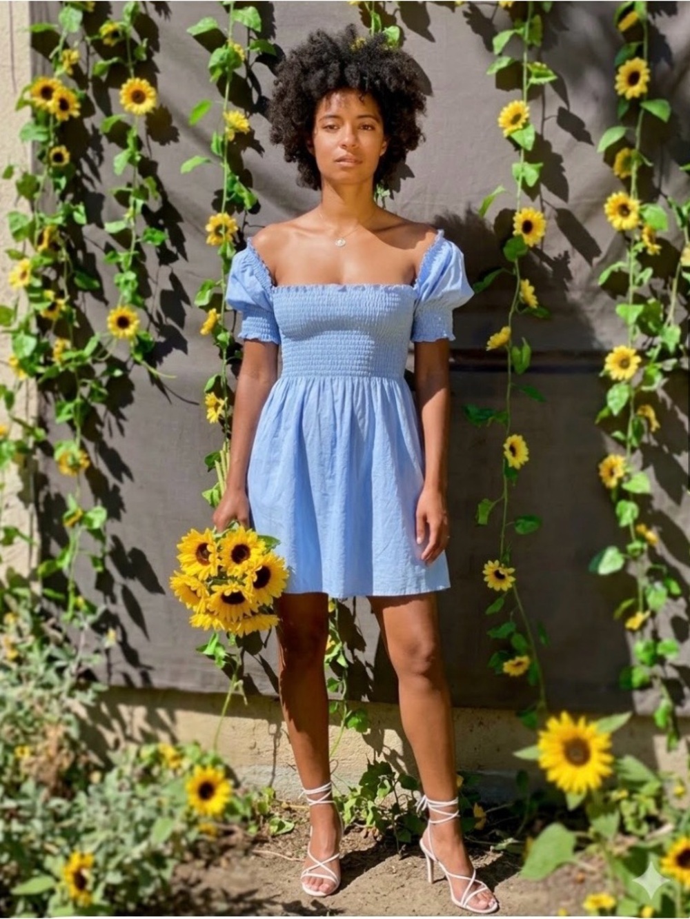 New Hill House Athena Nap Smocked Puff Sleeve Mini Dress XL Light Blue Glitter